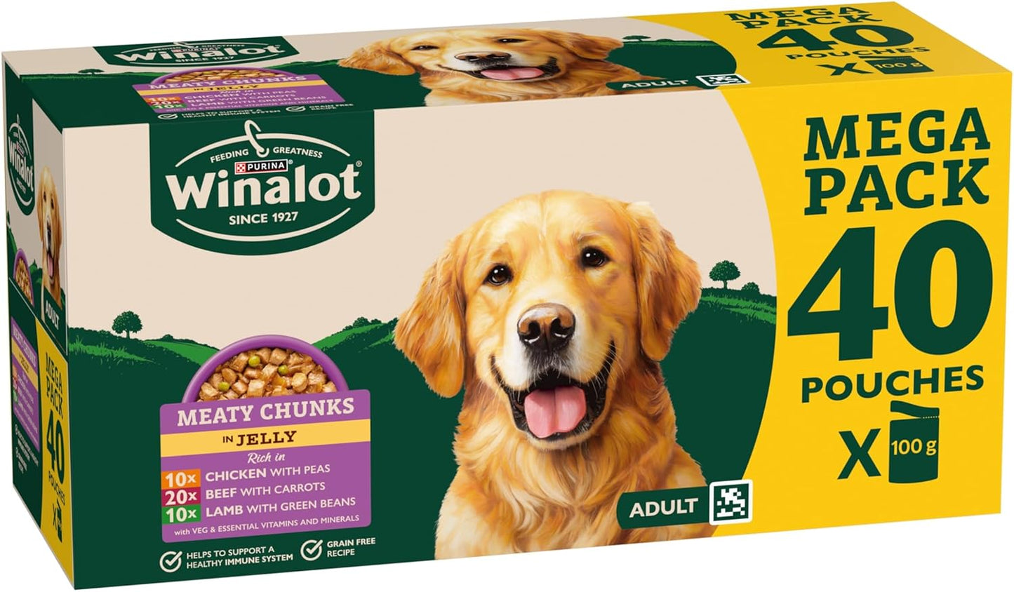 WINALOT Meaty Chunks Adult Wet Dog Food Mixed in Jelly Beef, Chicken, Lamb 40x100g Pouches