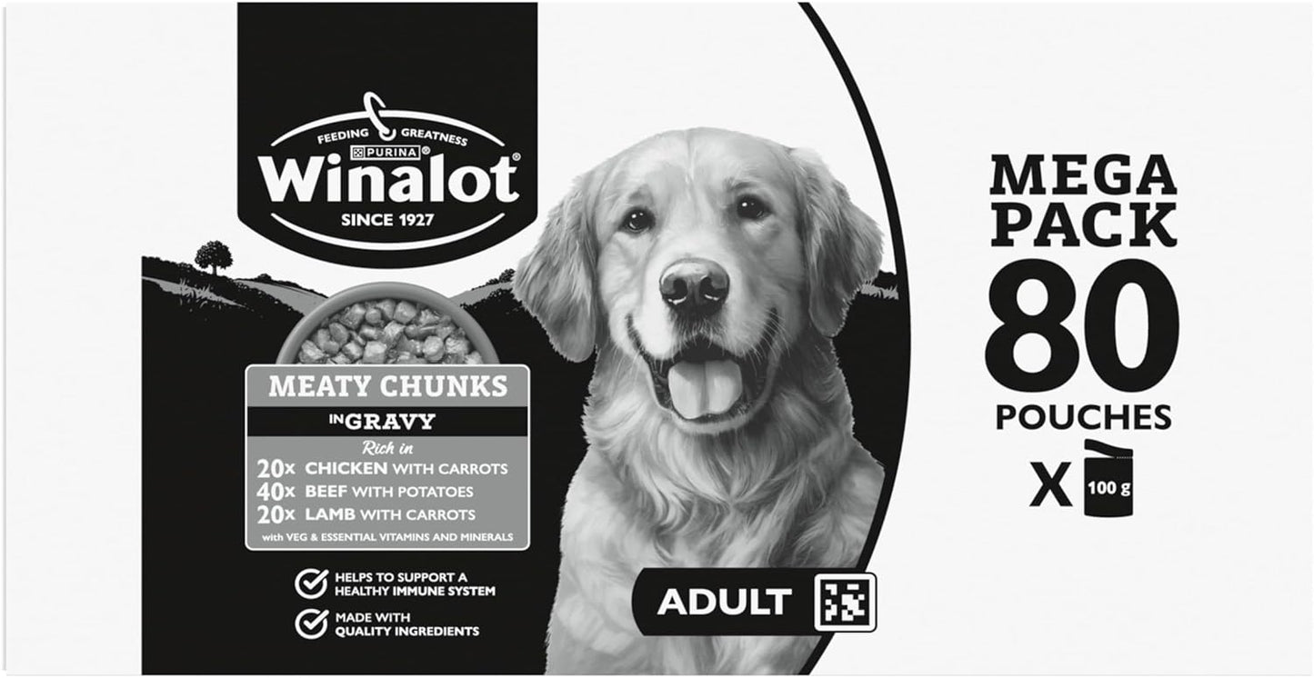 WINALOT Meaty Chunks Adult Wet Dog Food Mixed in Gravy Beef, Chicken, Lamb 80x100g Pouches