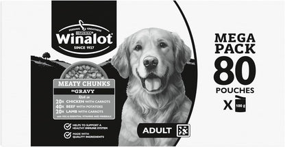WINALOT Meaty Chunks Adult Wet Dog Food Mixed in Gravy Beef, Chicken, Lamb 80x100g Pouches