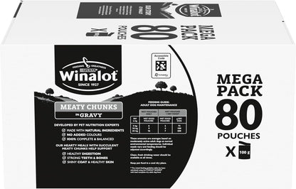 WINALOT Meaty Chunks Adult Wet Dog Food Mixed in Gravy Beef, Chicken, Lamb 80x100g Pouches