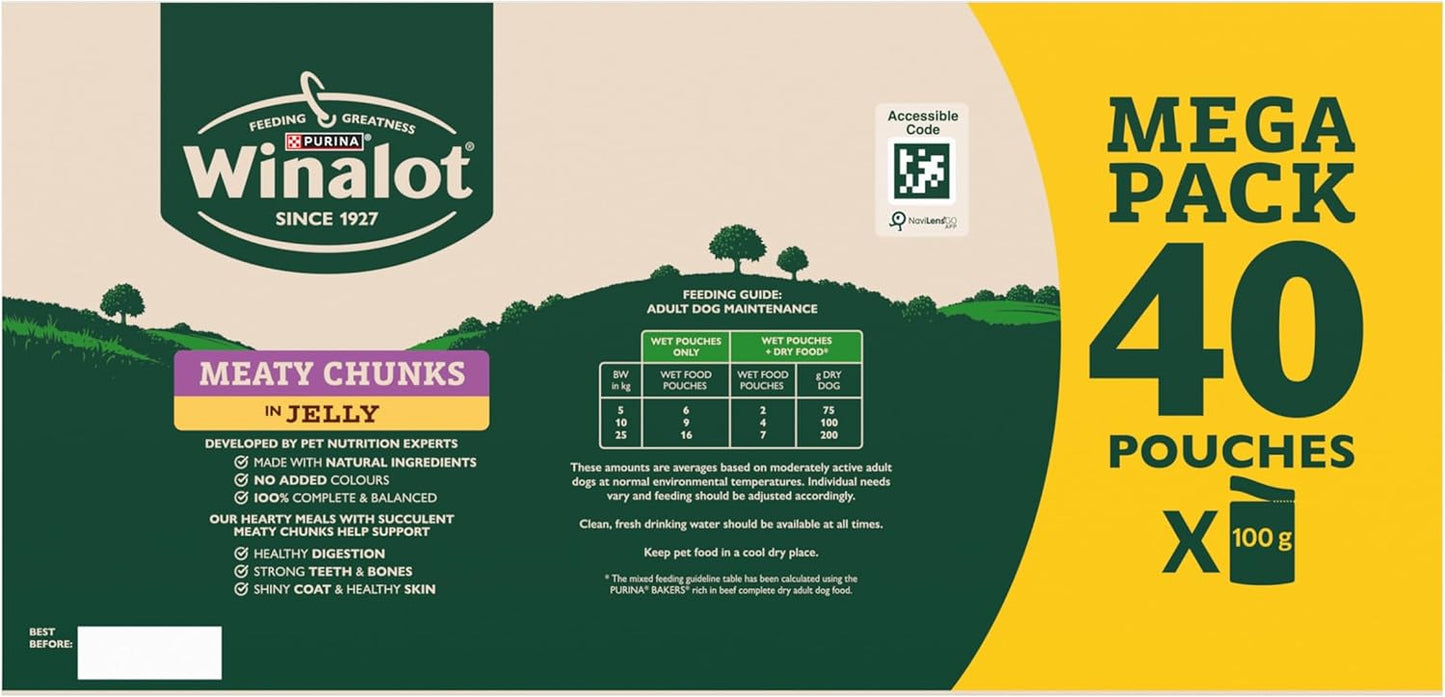 WINALOT Meaty Chunks Adult Wet Dog Food Mixed in Jelly Beef, Chicken, Lamb 40x100g Pouches