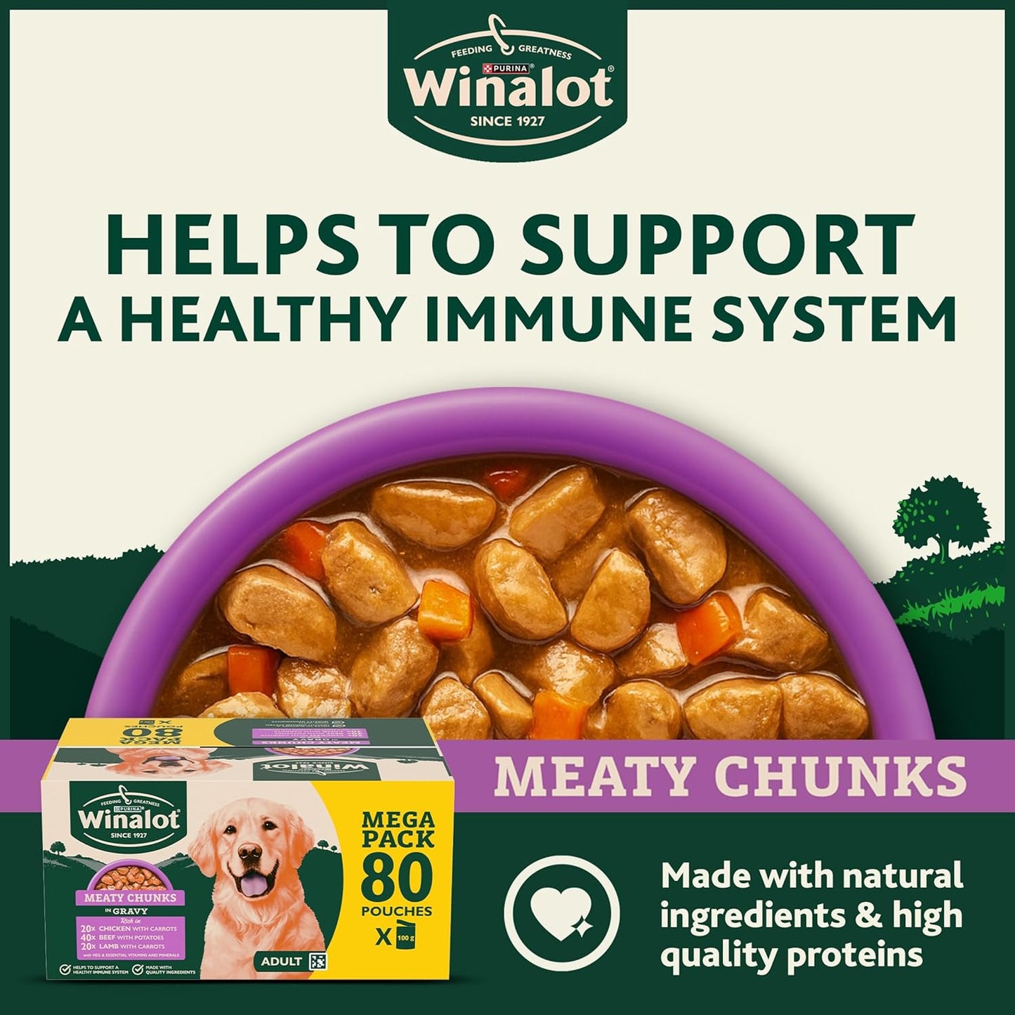 WINALOT Meaty Chunks Adult Wet Dog Food Mixed in Gravy Beef, Chicken, Lamb 80x100g Pouches