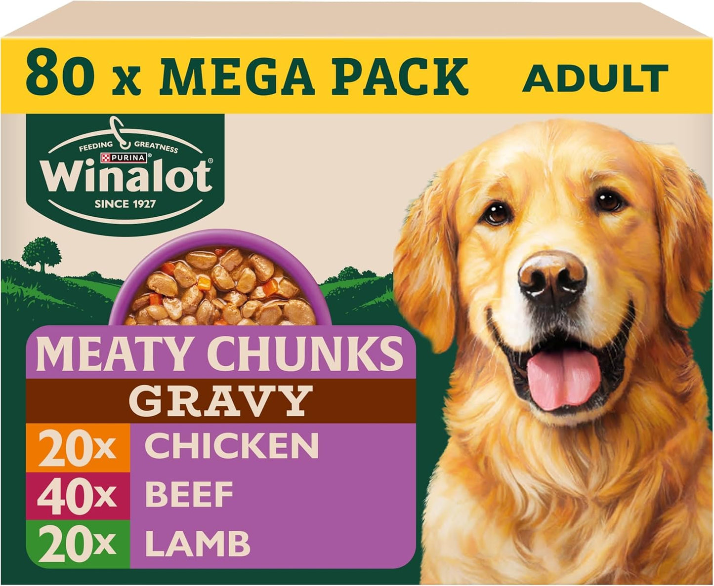 WINALOT Meaty Chunks Adult Wet Dog Food Mixed in Gravy Beef, Chicken, Lamb 80x100g Pouches