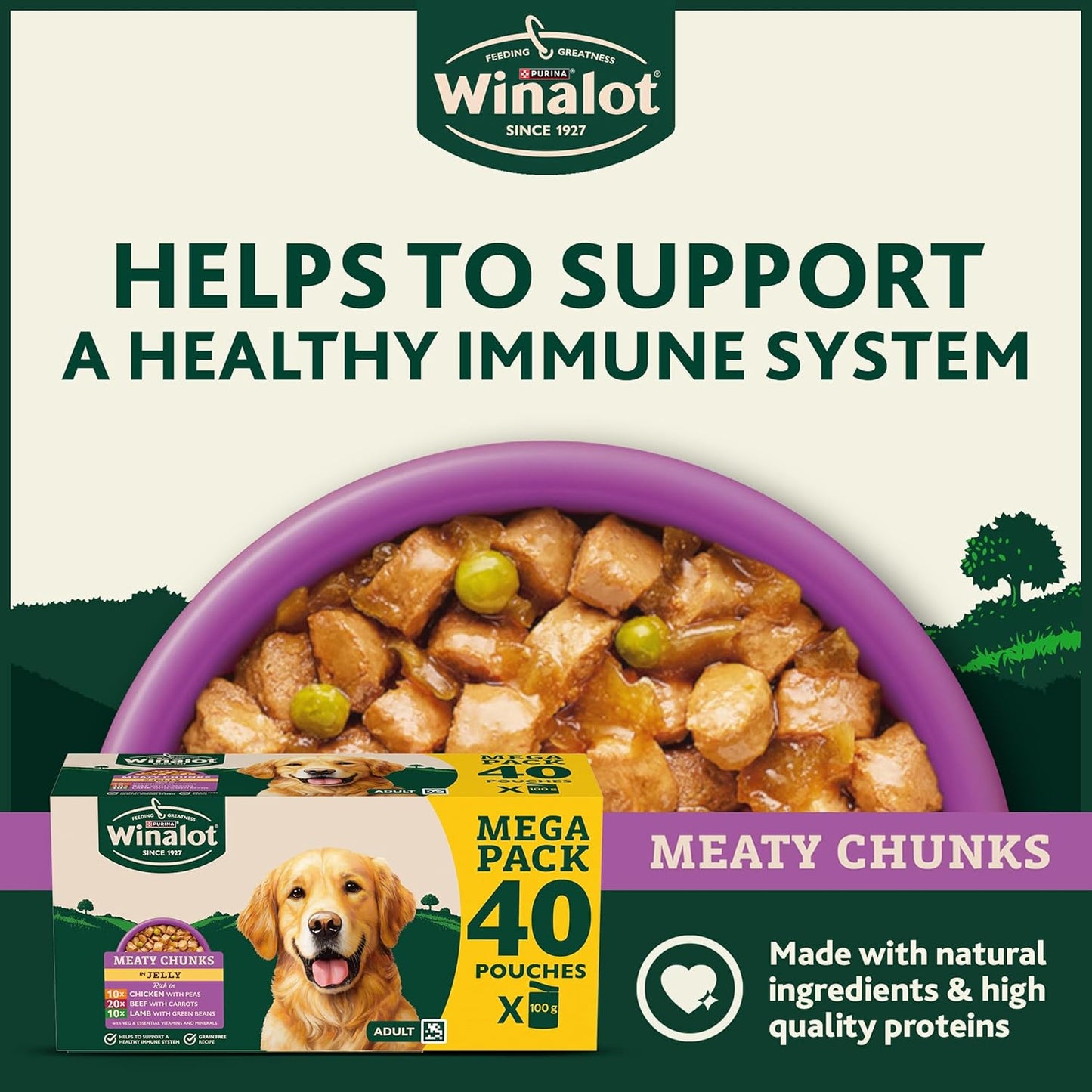 WINALOT Meaty Chunks Adult Wet Dog Food Mixed in Jelly Beef, Chicken, Lamb 40x100g Pouches