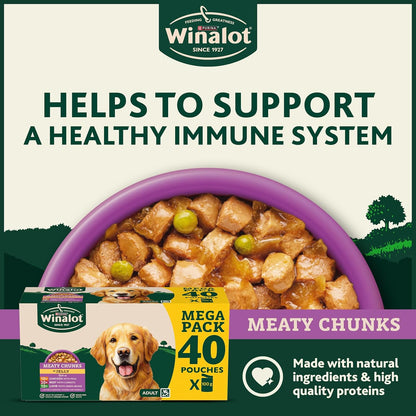 WINALOT Meaty Chunks Adult Wet Dog Food Mixed in Jelly Beef, Chicken, Lamb 40x100g Pouches