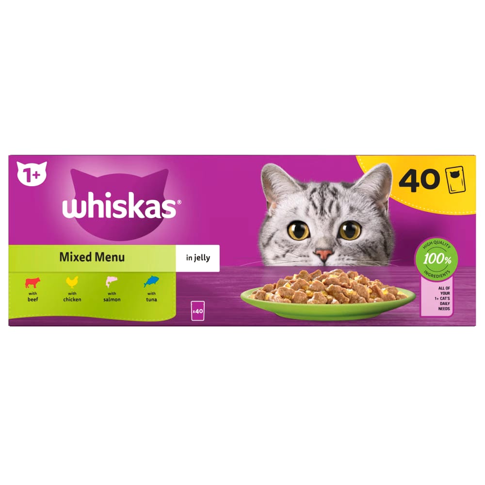 40 X 85G Whiskas 1+ Mixed Menu Mixed Adult Wet Cat Food Pouches in Jelly